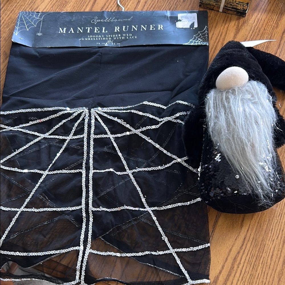 Black and Silver sequin Halloween spider web Mantel Runner Gnome lot
